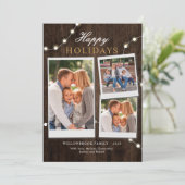 Rustiek 3 Familie Foto's en Fairy Lights Kerstmis Feestdagenkaart (Staand voorkant)