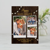 Rustiek 3 Fotocollage en Fairy Lights Goud Folie Feestdagenkaart (Staand Voorkant)