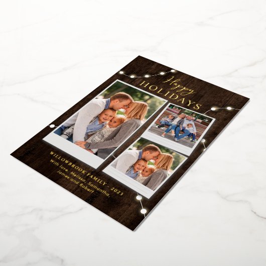 Rustiek 3 Fotocollage en Fairy Lights Goud Folie Feestdagenkaart (Gedraaid)