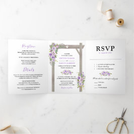 Rustiek 3 in 1 Paarse Waterverf Bloemenbruiloft Drieluik Uitnodiging