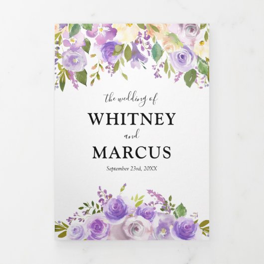Rustiek 3 in 1 Paarse Waterverf Bloemenbruiloft Drieluik Uitnodiging (Cover)