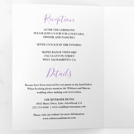 Rustiek 3 in 1 Paarse Waterverf Bloemenbruiloft Drieluik Uitnodiging (Binnenzijde eerst)