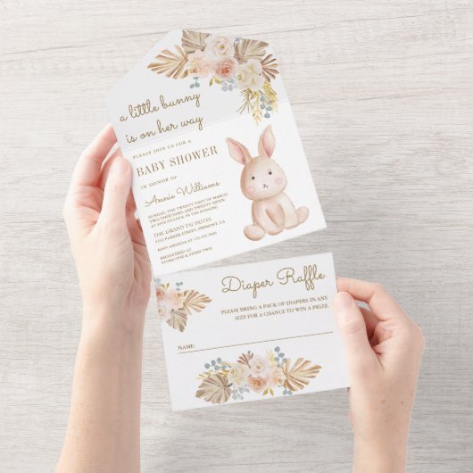Rustiek aardeachtig bloemig Boho konijnenkonijn Ba All In One Uitnodiging (Afscheurbaar)