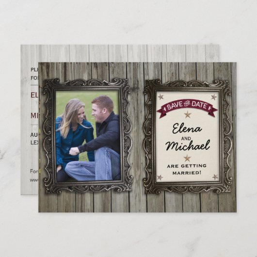 Rustiek Afbeelding Lijsten Fotobruiloft Save the D Aankondigingskaart (Voorkant / Achterkant)