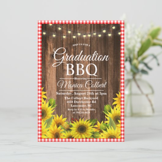 Rustiek Afstuderen BBQ Zonnebloemenuitnodiging Kaart (Staand voorkant)
