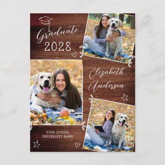 Rustiek Afstuderen Custom Artistic 3 Foto Aankondigingskaart (Voorkant)