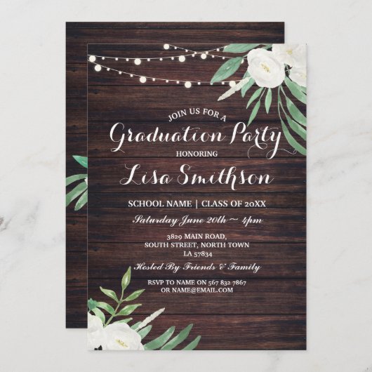 Rustiek Afstuderen Witte Bloemen Lichten Hout Uitn Kaart (Voorkant / Achterkant)