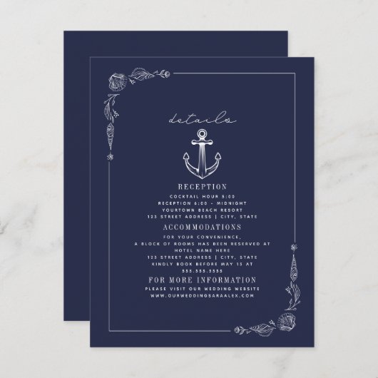 Rustiek Anker Donkerblauw Strand Bruiloft Details Informatiekaartje (Voorkant / Achterkant)