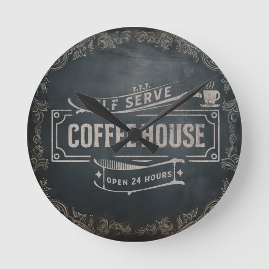 Rustiek Antiek Zwart en Bruin Koffiebar Foto Ronde Klok (Voorkant)