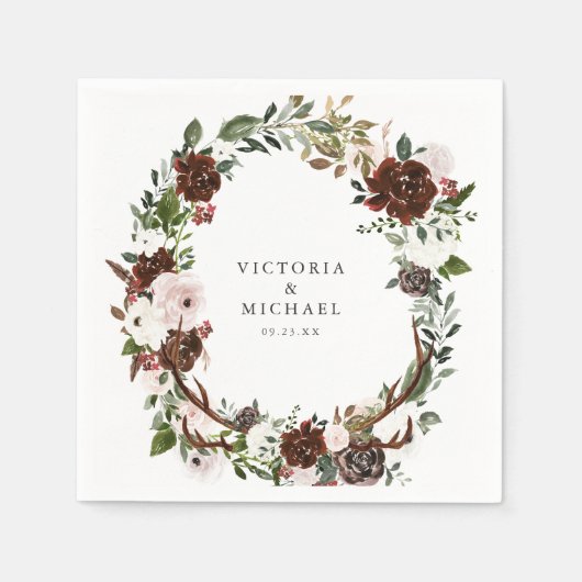 Rustiek Antler Country Boho Floral Monogram Servet (Voorkant)