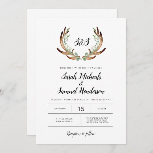 Rustiek Antler & groen Waterverf bruiloft Kaart (Voorkant / Achterkant)