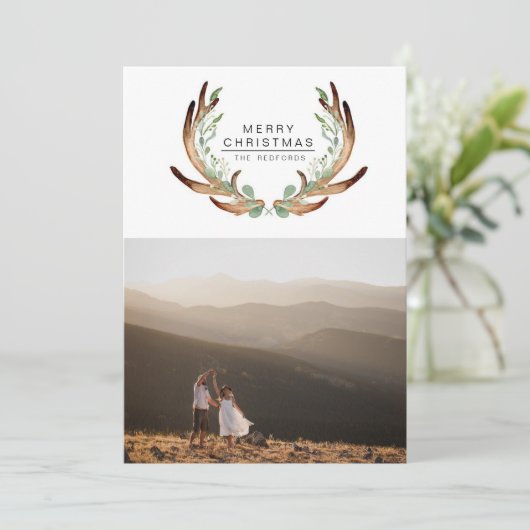 Rustiek Antler Modern Merry Christmas Holiday Kaar Feestdagenkaart (Staand voorkant)