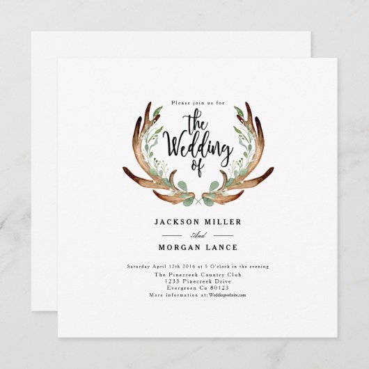 Rustiek Antler & Vine | Waterverf bruiloft uitnodi Kaart (Voorkant / Achterkant)