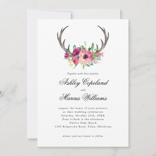 Rustiek Antlers Boho Bloemen Allure Bruiloft Kaart (Voorkant)