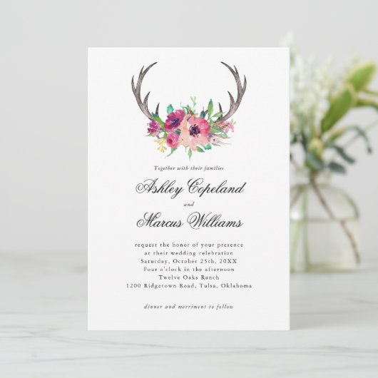 Rustiek Antlers Boho Bloemen Allure Bruiloft Kaart (Staand voorkant)