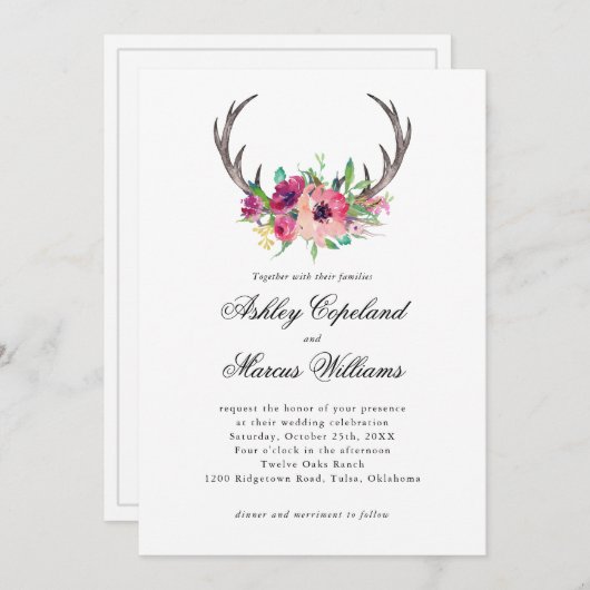 Rustiek Antlers Boho Bloemen Allure Bruiloft Kaart (Voorkant / Achterkant)