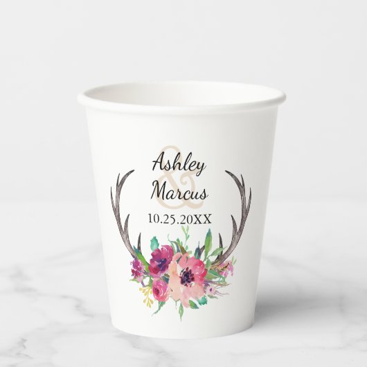 Rustiek Antlers Boho Bloemen Allure Bruiloft Papieren Bekers (Voorkant)