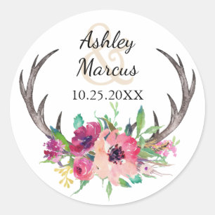Rustiek Antlers Boho Bloemen Allure Bruiloft Ronde Sticker