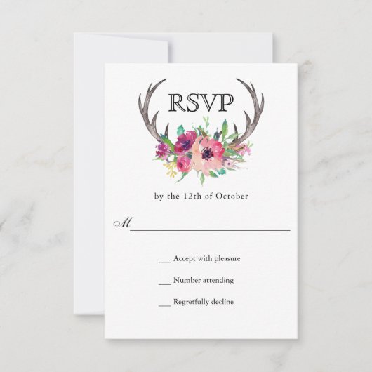 Rustiek Antlers Boho Bloemen Allure Bruiloft RSVP Kaartje (Voorkant)