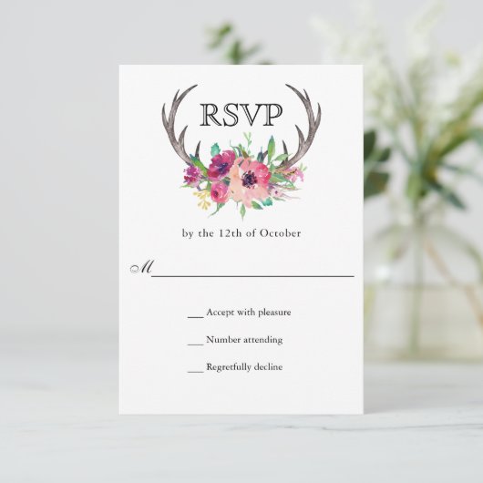 Rustiek Antlers Boho Bloemen Allure Bruiloft RSVP Kaartje (Staand voorkant)