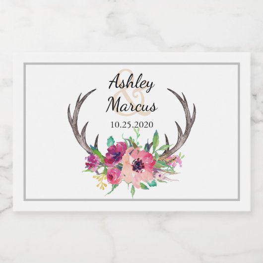 Rustiek Antlers Boho Floral Bruiloft Sparkling Wijnetiket (Enkel label)