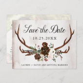 Rustiek Antlers Bourgondië Roos Floral Save the Da Aankondigingskaart (Voorkant / Achterkant)