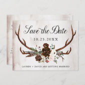 Rustiek Antlers Bourgondië Roze Bloemen Save the D Aankondigingskaart (Voorkant / Achterkant)