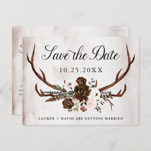 Rustiek Antlers Bourgondië Roze Bloemen Save the D Aankondigingskaart (Voorkant / Achterkant)