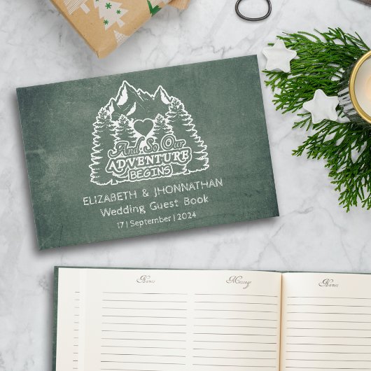 Rustiek avontuur begint groene krijtbord bruilofte gastenboek