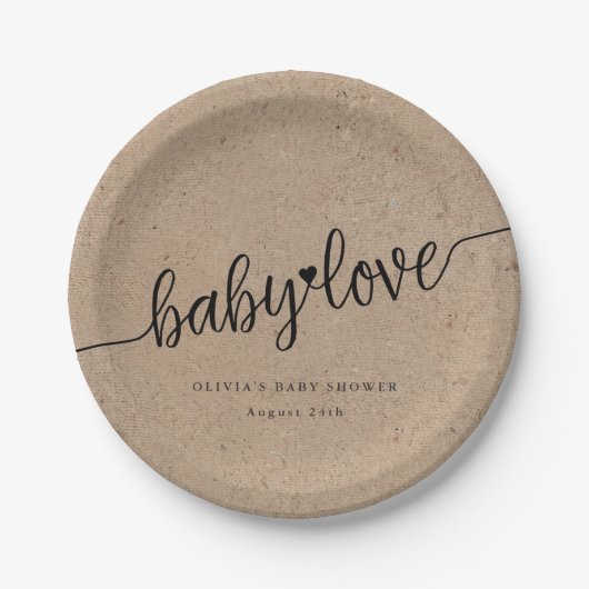 Rustiek Baby shower, Kraft Baby Love Custom Papieren Bordje (Voorkant)