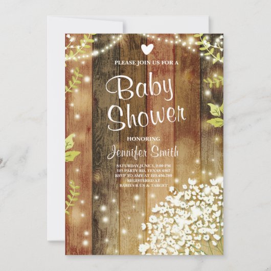 Rustiek Baby shower Nodig Baby's Breath Lights uit Kaart (Voorkant)