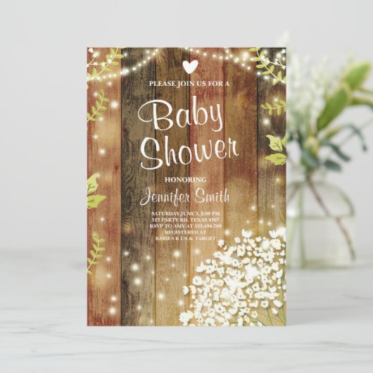 Rustiek Baby shower Nodig Baby's Breath Lights uit Kaart (Staand voorkant)