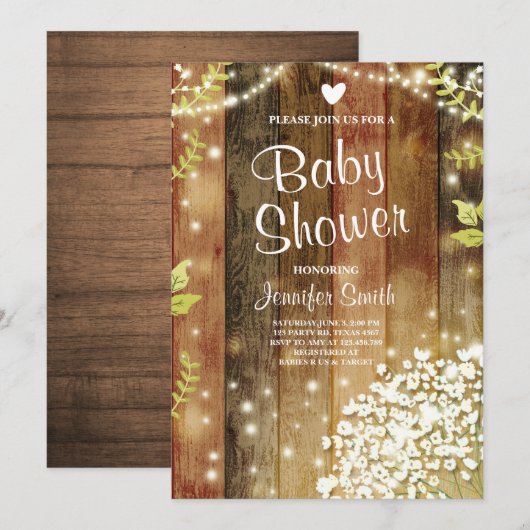 Rustiek Baby shower Nodig Baby's Breath Lights uit Kaart (Voorkant / Achterkant)