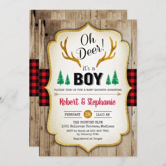 Rustiek Baby shower - Oh Deer Kaart (Voorkant / Achterkant)