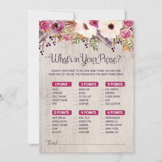 Rustiek Baby shower spel Wat zit er in je tas Kaart (Voorkant)