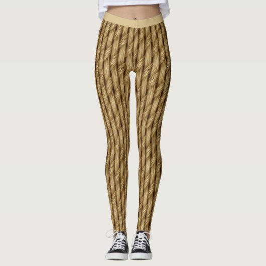 Rustiek Bamboe Stro Weave Design Bruin Beige Leggings (Voorkant)