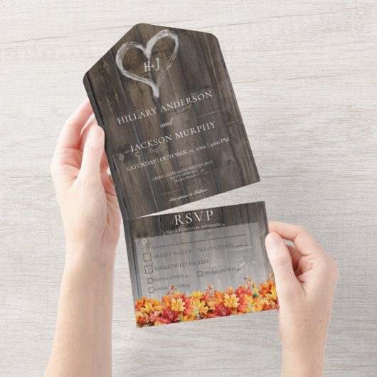 Rustiek Barnwood & Herfst bladeren Diner All In One Uitnodiging (Afscheurbaar)