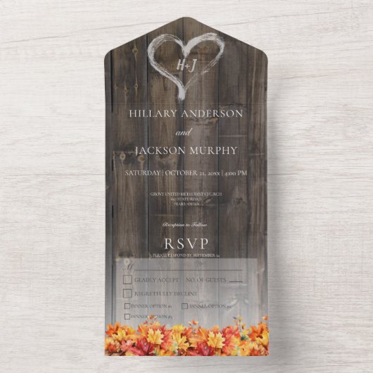 Rustiek Barnwood & Herfst bladeren Diner All In One Uitnodiging (Binnen)