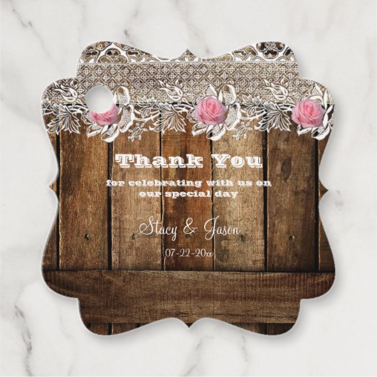 Rustiek Barnwood, Kant, Rozen bruiloft Bedankjes Labels (Voorkant)