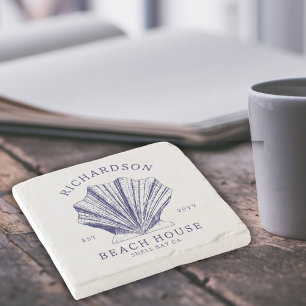 Rustiek Beach House familienaam nautisch   Blauw Stenen Onderzetter