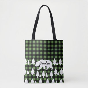 Rustiek Beer Bos & Groen Plaid met Naam Tote Bag