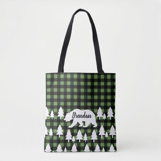 Rustiek Beer Bos & Groen Plaid met Naam Tote Bag (Voorkant)