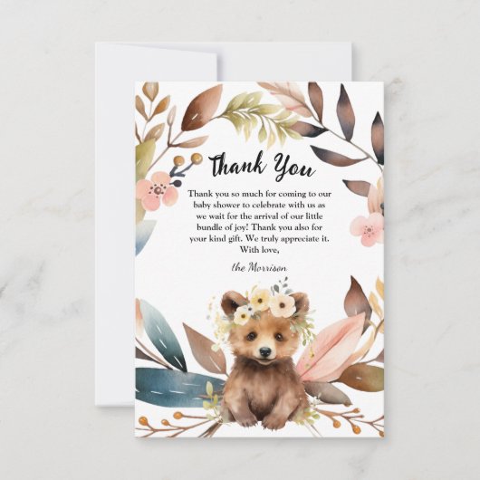 Rustiek Beer Cub Baby shower Dank u kaart (Voorkant)