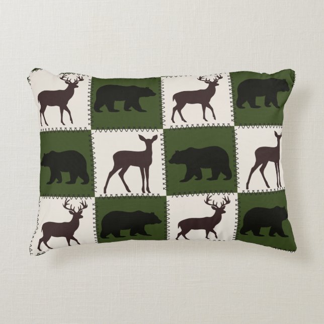 Rustiek Beer & Herten, Donkergroen & Cream Squares Accent Kussen (Voorkant)