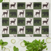 Rustiek Beer & Herten, Donkergroen & Cream Squares Theedoek (Gevouwen)