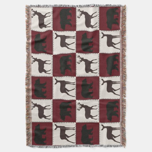 Rustiek Beer & Herten, Donkerrood & Cream Squares Deken (Voorkant Verticaal)