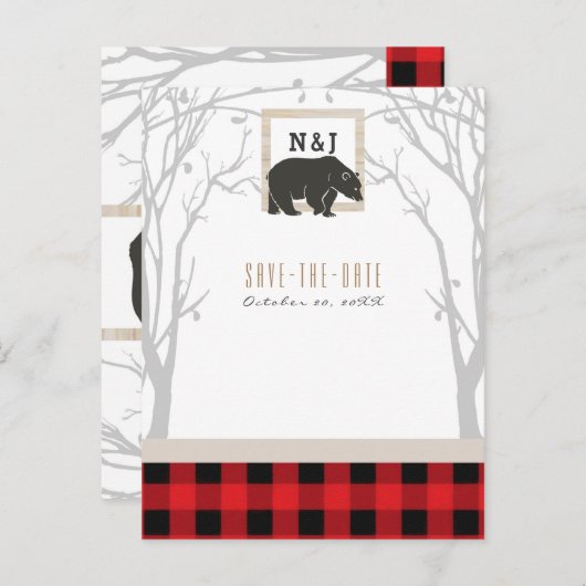 Rustiek Beer Red Plaid Bossen Wedding Save the Dat Aankondigingskaart (Voorkant / Achterkant)