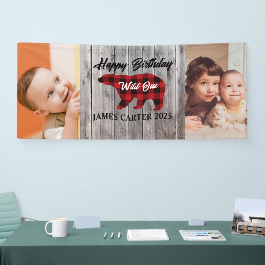 Rustiek Beer Wild One Boy 1st Birthday Party Foto Spandoek (Beurs)