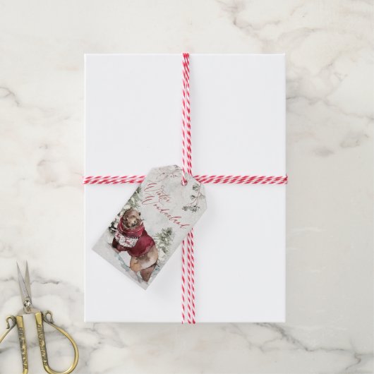 Rustiek Beer Winter Sneeuwscène Kerst Cadeaulabel (Met Touw)