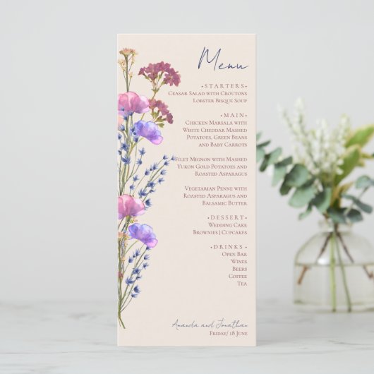 Rustiek Beige Acryl Bloemen Menu Kaart (Staand voorkant)